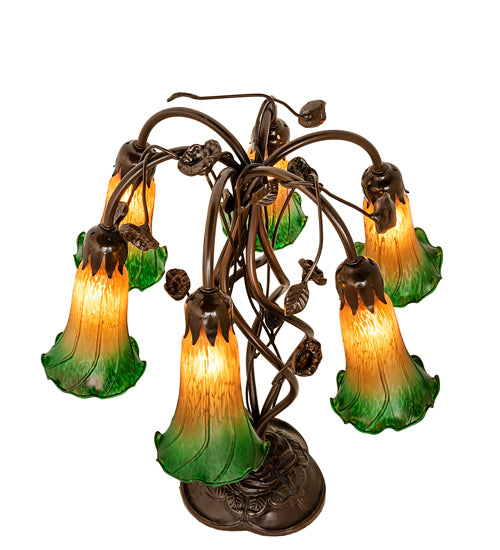 Meyda Lighting Lighting 18" High Amber/Green Tiffany Pond Lily 6 Light Table Lamp