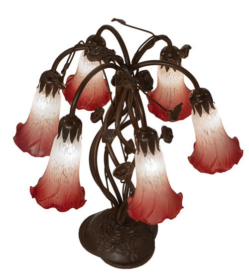 Meyda Lighting Lighting 19" High Pink/White Tiffany Pond Lily 6 Light Table Lamp