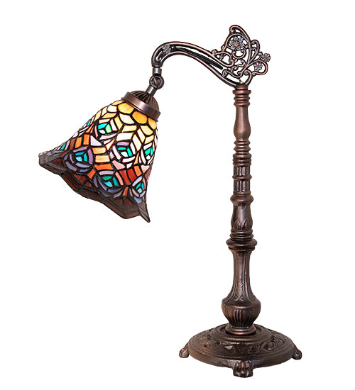 Meyda Lighting Lighting 20" High Tiffany Peacock Feather Bridge Arm Table Lamp