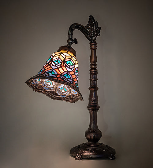 Meyda Lighting Lighting 20" High Tiffany Peacock Feather Bridge Arm Table Lamp