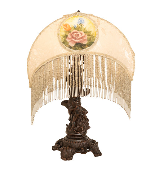 Meyda Lighting Lighting 23" High Reverse Painted Roses Fabric with Fringe Table Lamp