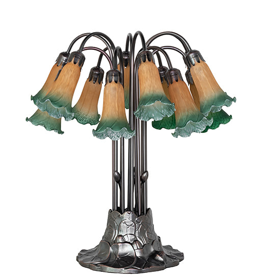 Meyda Lighting Lighting 24" High Amber/Green Tiffany Pond Lily 12 Light Table Lamp