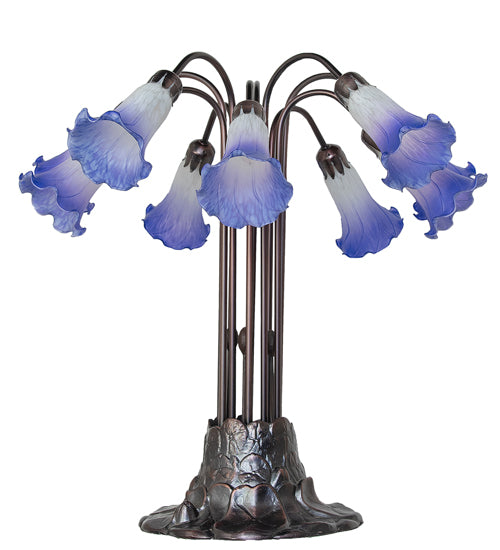 Meyda Lighting Lighting 24" High Blue/White Tiffany Pond Lily 10 Light Table Lamp