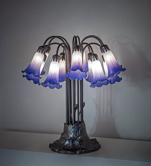 Meyda Lighting Lighting 24" High Blue/White Tiffany Pond Lily 12 Light Table Lamp