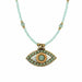 Michal Golan Jewelry Michal Golan Medium silver evil eye necklace w/ pale green crystal center & edges on single, beaded chain, handmade at Michal Golan Studios USA