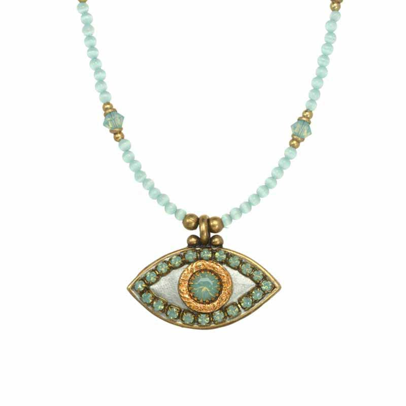 Michal Golan Jewelry Michal Golan Medium silver evil eye necklace w/ pale green crystal center & edges on single, beaded chain, handmade at Michal Golan Studios USA