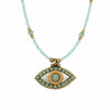 Michal Golan Jewelry Michal Golan Medium silver evil eye necklace w/ pale green crystal center & edges on single, beaded chain, handmade at Michal Golan Studios USA