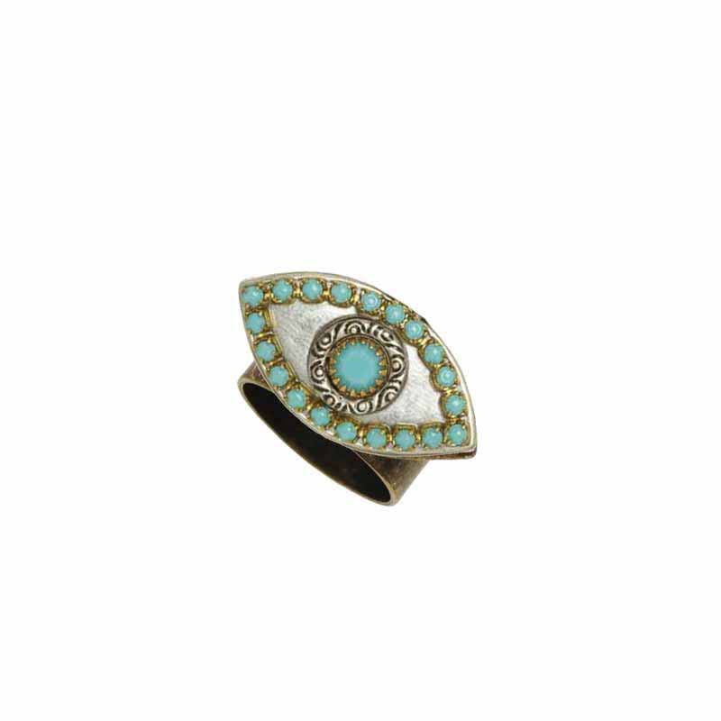 Michal Golan Jewelry Michal Golan Medium silver evil eye ring with blue crystal center & edges, handmade at Michal Golan Studios USA