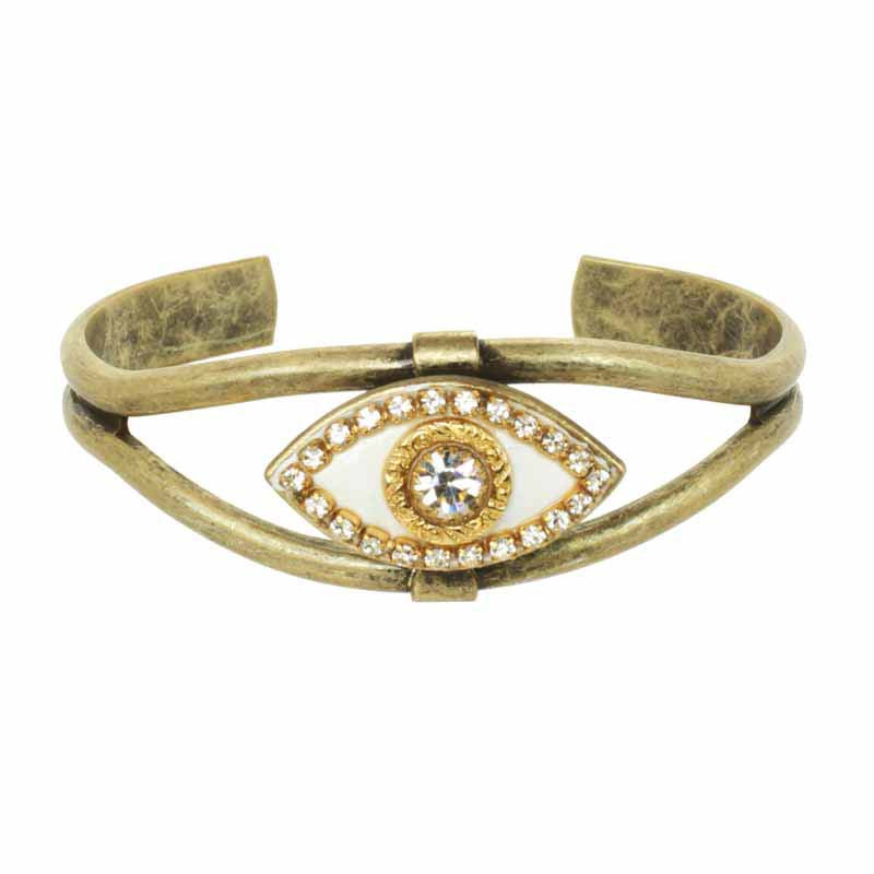 Michal Golan Jewelry Michal Golan Medium white evil eye cuff bracelet w/ crystal center & edges, handmade at Michal Golan Studios USA