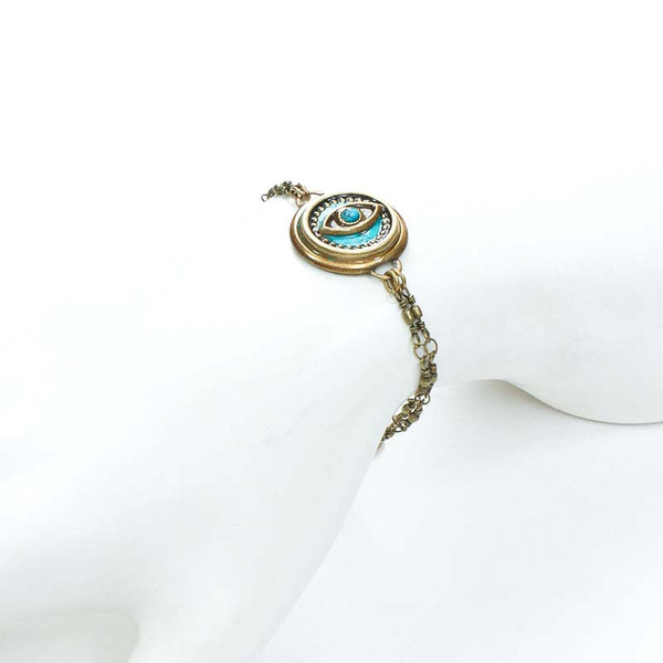 Michal Golan Jewelry Michal Golan Round teal evil eye bracelet on double chain, handmade at Michal Golan studios USA