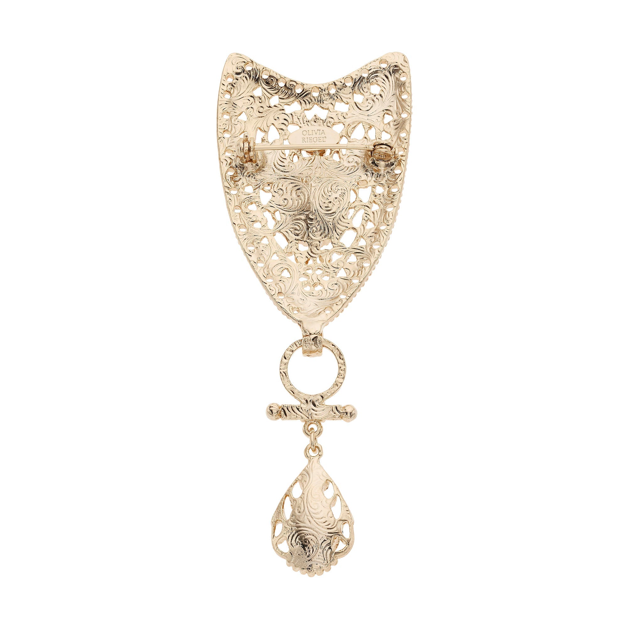 Olivia Riegel Jewelry Olivia Riegel Gold Shield Teardrip Brooch with Blue Stones