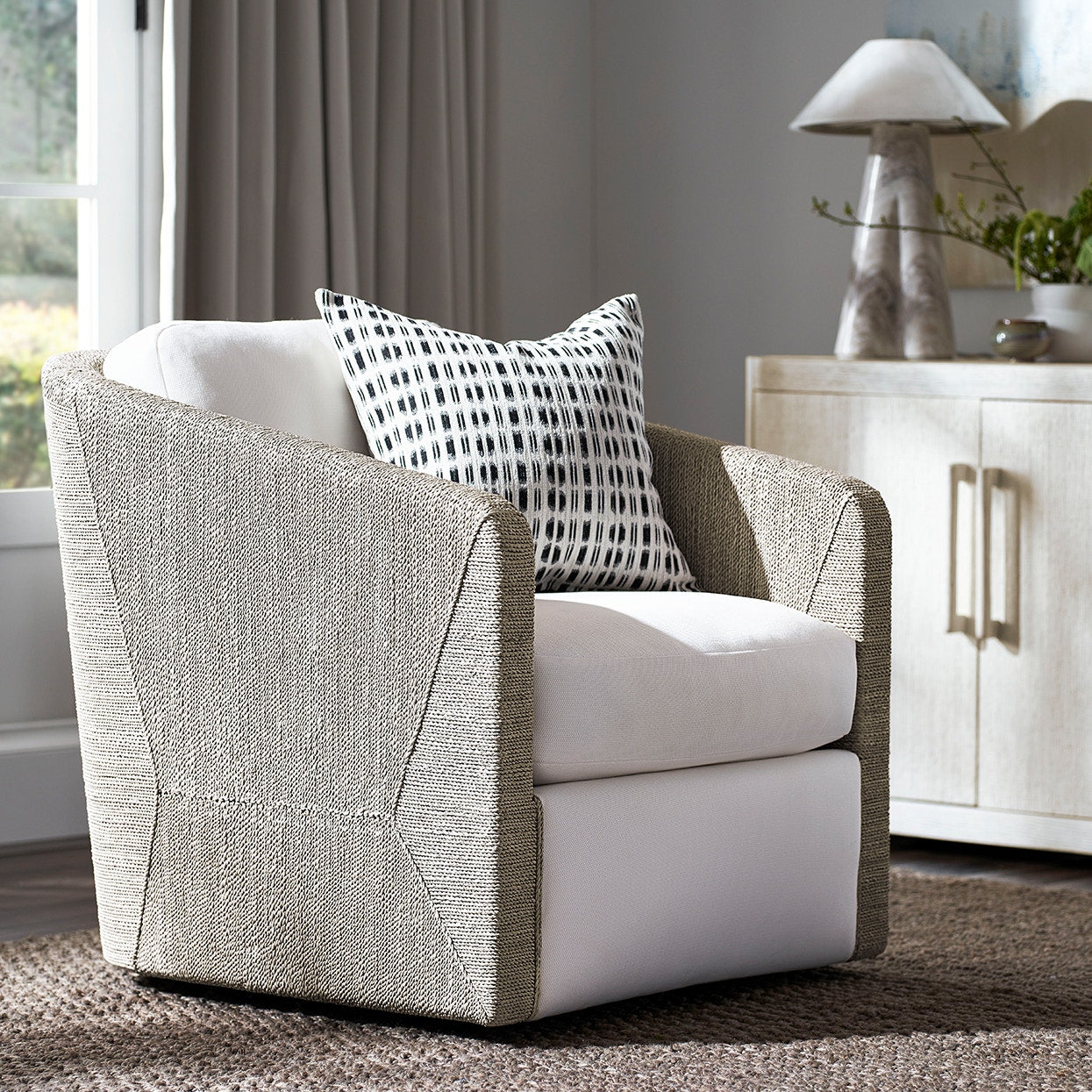 Palecek Furniture I/O BASKET WEAVE 4J / Motor Freight - Rate TBQ Palecek Carmine Swivel Lounge Chair, Fog White
