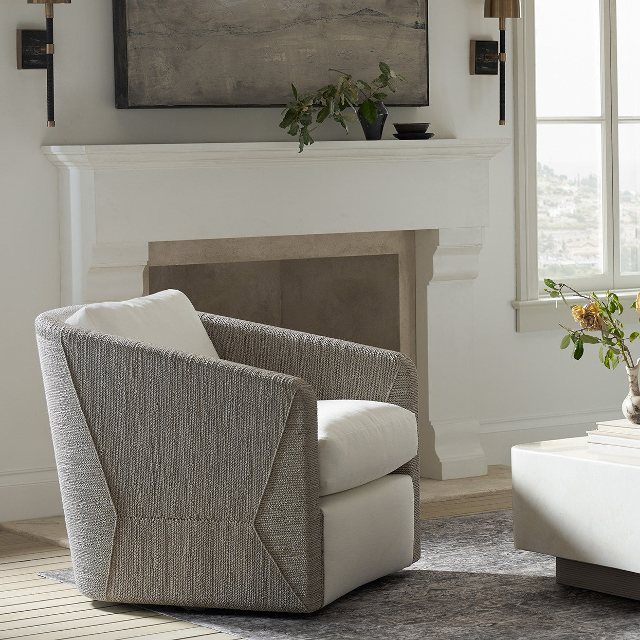 Palecek Furniture I/O BASKET WEAVE 4J / Motor Freight - Rate TBQ Palecek Carmine Swivel Lounge Chair, Fog White