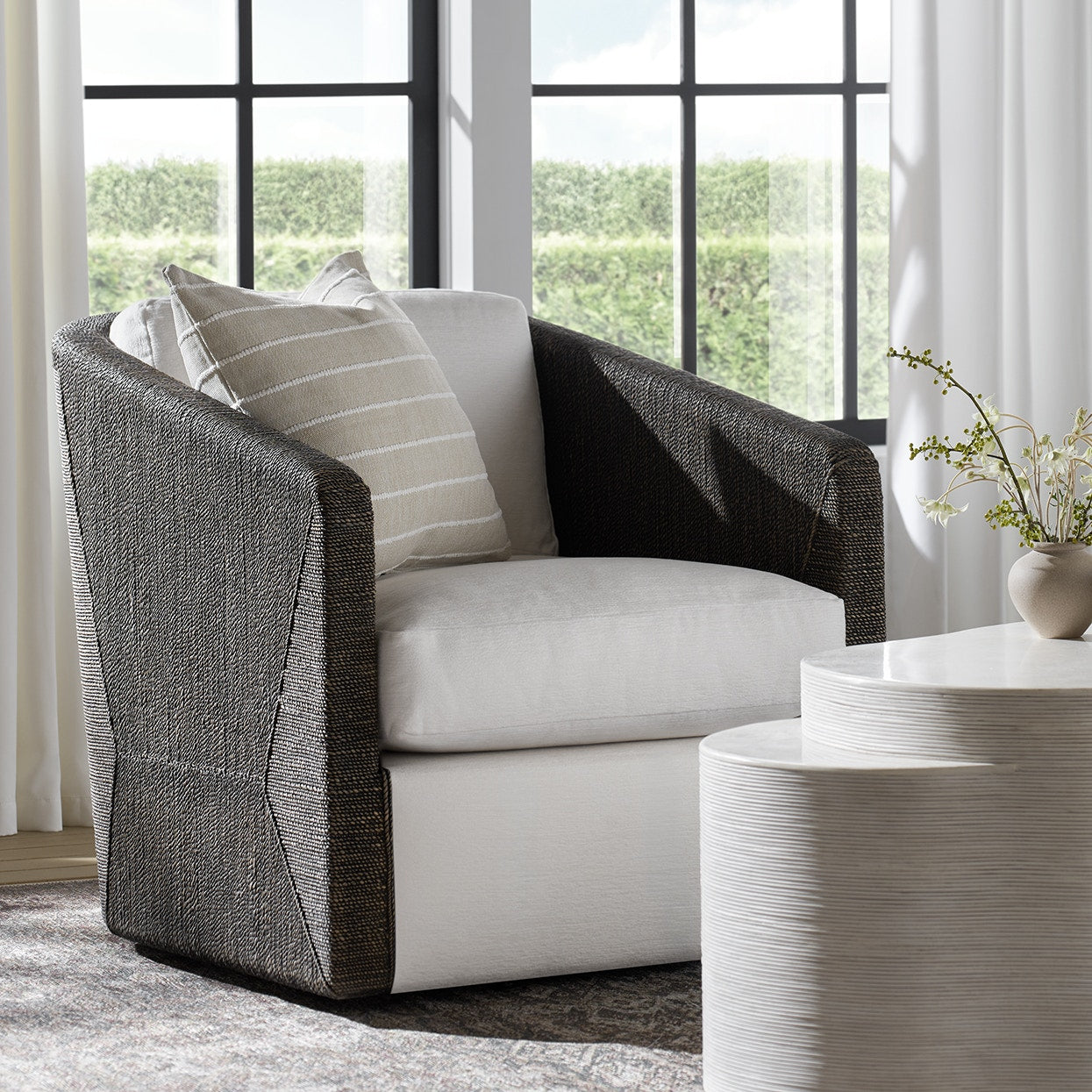 Palecek Furniture I/O TEXTURED SNOW 4T / Motor Freight - Rate TBQ Palecek Carmine Swivel Lounge Chair, Mocha Wash