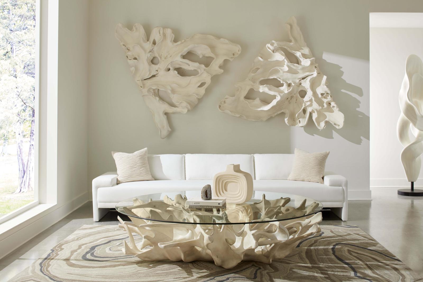 Phillips Collection Home Decor Phillips Collection Cast Root Coffee Table, Faux Bleached Finish, With 82" Glass