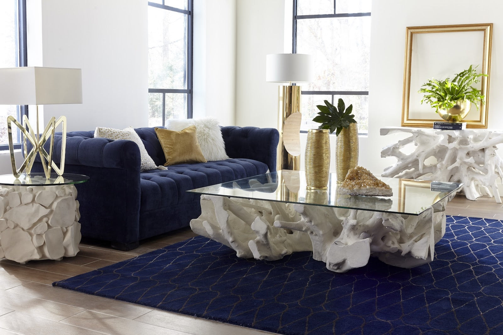 Phillips Collection Furniture Oversized LTL - Rate to be Quoted Phillips Collection Cast Root Coffee Table, White Stone, With Glass