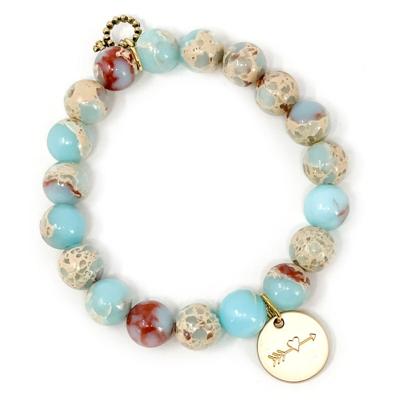 PowerBeads by jen Jewelry Average 7" 10mm Aqua Terra Jasper with Matte Gold always with you medal