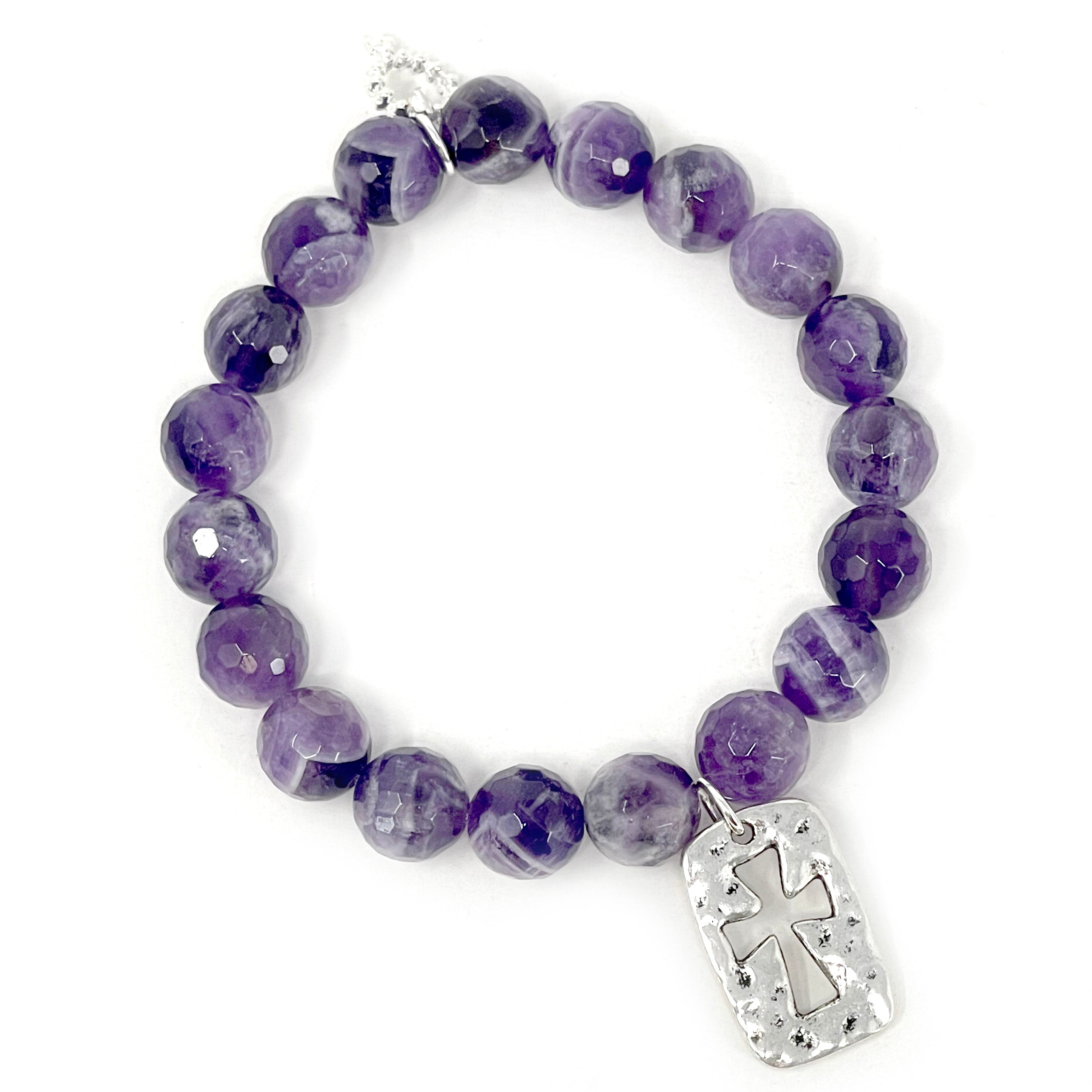 PowerBeads by jen Jewelry Average 7" 10mm Faceted Amethyst Agate paired with an Open Cut Hammered Silver Cross