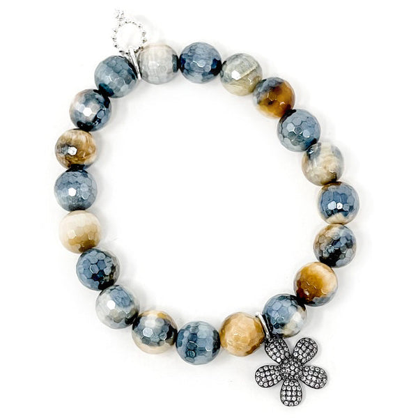 PowerBeads by jen Jewelry Average 7" 10mm Faceted Caramel Latte Tiger Eye paired with a Gunmetal Micropave Flower