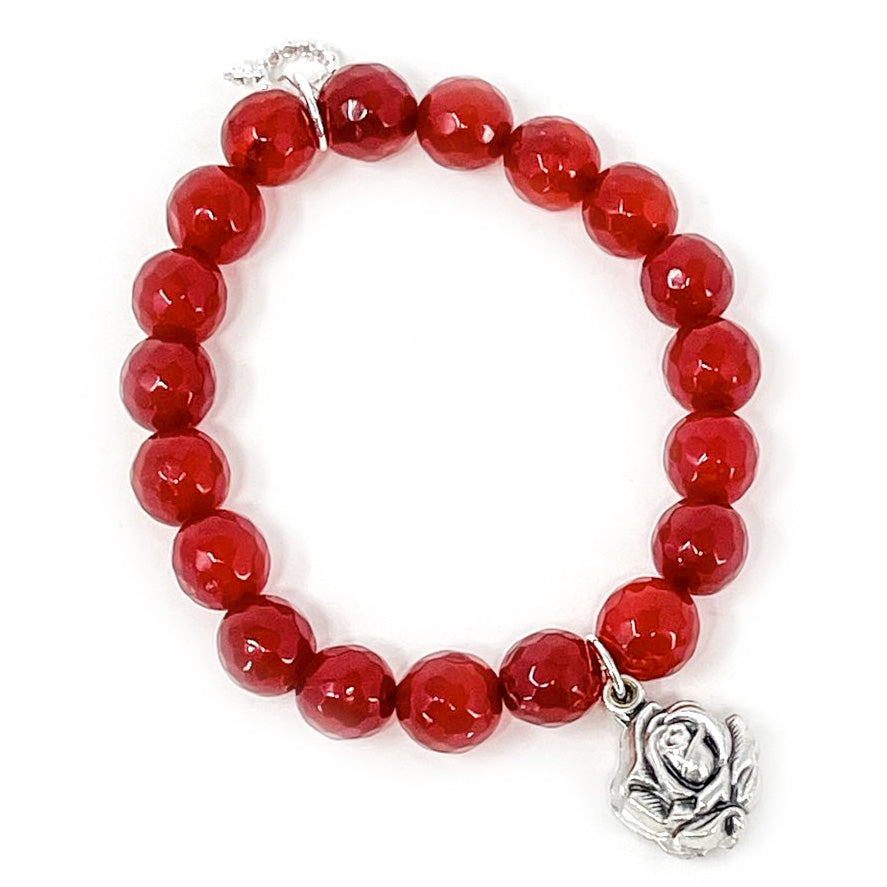 PowerBeads by jen Jewelry Average 7" 10mm Faceted Ruby Red Jade with Silver Sliding Rose