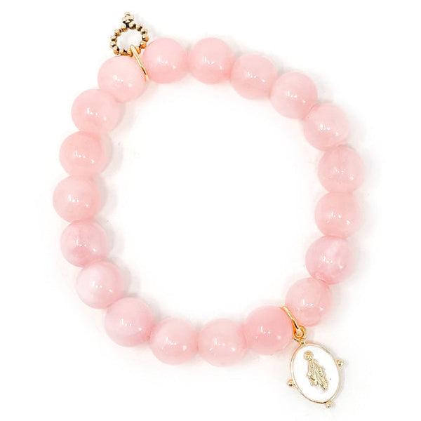 PowerBeads by jen Jewelry Average 7" 10mm Petal Pink Jade paired with a White Enameled Blessed Mother