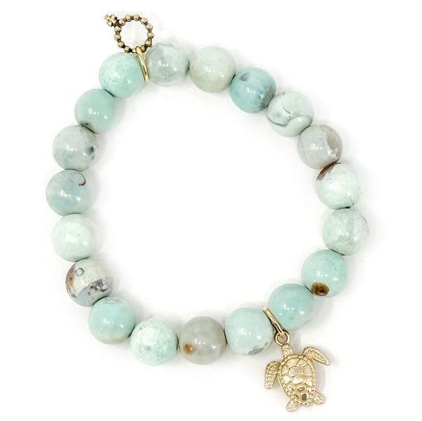 PowerBeads by jen Jewelry Average 7" 10mm Sea Foam Agate paired with a Matte Gold Sea Turtle