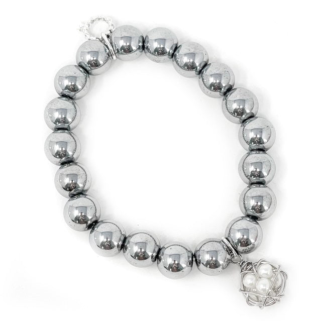 PowerBeads by jen Jewelry Average 7" 10mm Silver Hematite paired with a Petite Pearl Silver Bird's Nest