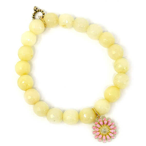 PowerBeads by jen Jewelry Average 7" 10mmm Faceted Lemonade Jade paired with a Pink Enameled Daisy