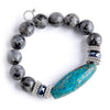 PowerBeads by jen Jewelry Average 7" 12mm Charcoal Grey Jasper paired with Silver Accents and Aqua Mocha Jasper Barrel