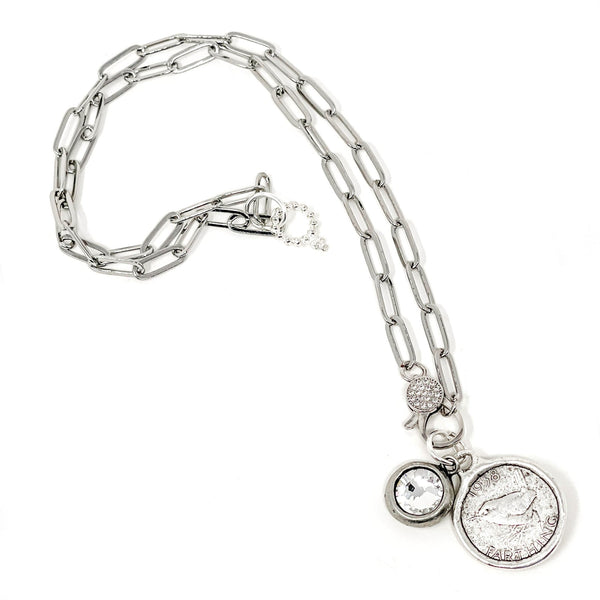 PowerBeads by jen Jewelry 18" 18" Silver Paperclip Necklace with Silver Farthing Coin, Pave Fobe, and Pave Lobster Clip