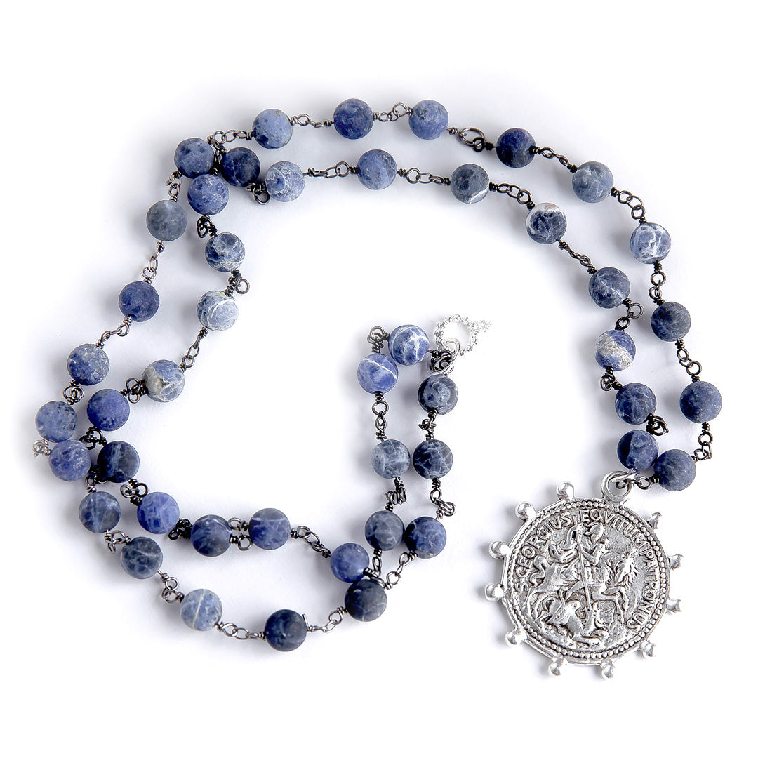 PowerBeads by jen Jewelry 36" 34" Matte Dumortierite rosary chain necklace paired with an exclusively cast silver Saint George medal