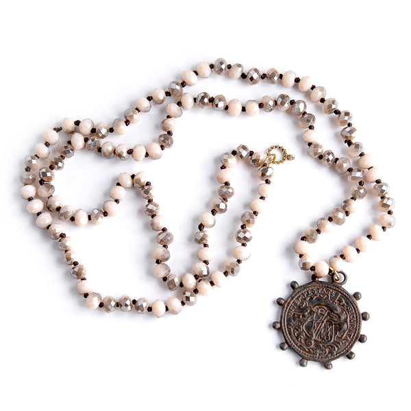 PowerBeads by jen Jewelry 36" 36" Faceted Mushroom Agate hand tied gemstone necklace paired with a exclusively cast bronze Saint George medal