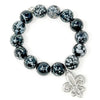 PowerBeads by jen Jewelry Average 7" Black Speckle Jasper with Silver Hammered Fleur de lis