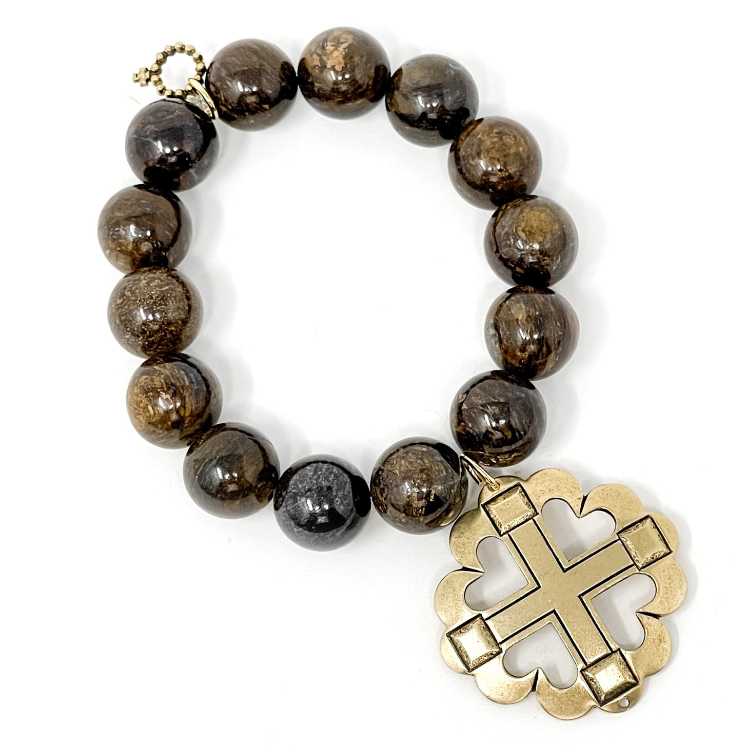 PowerBeads by jen Jewelry Average 7" Bronzite with Large Gold Heart Cross