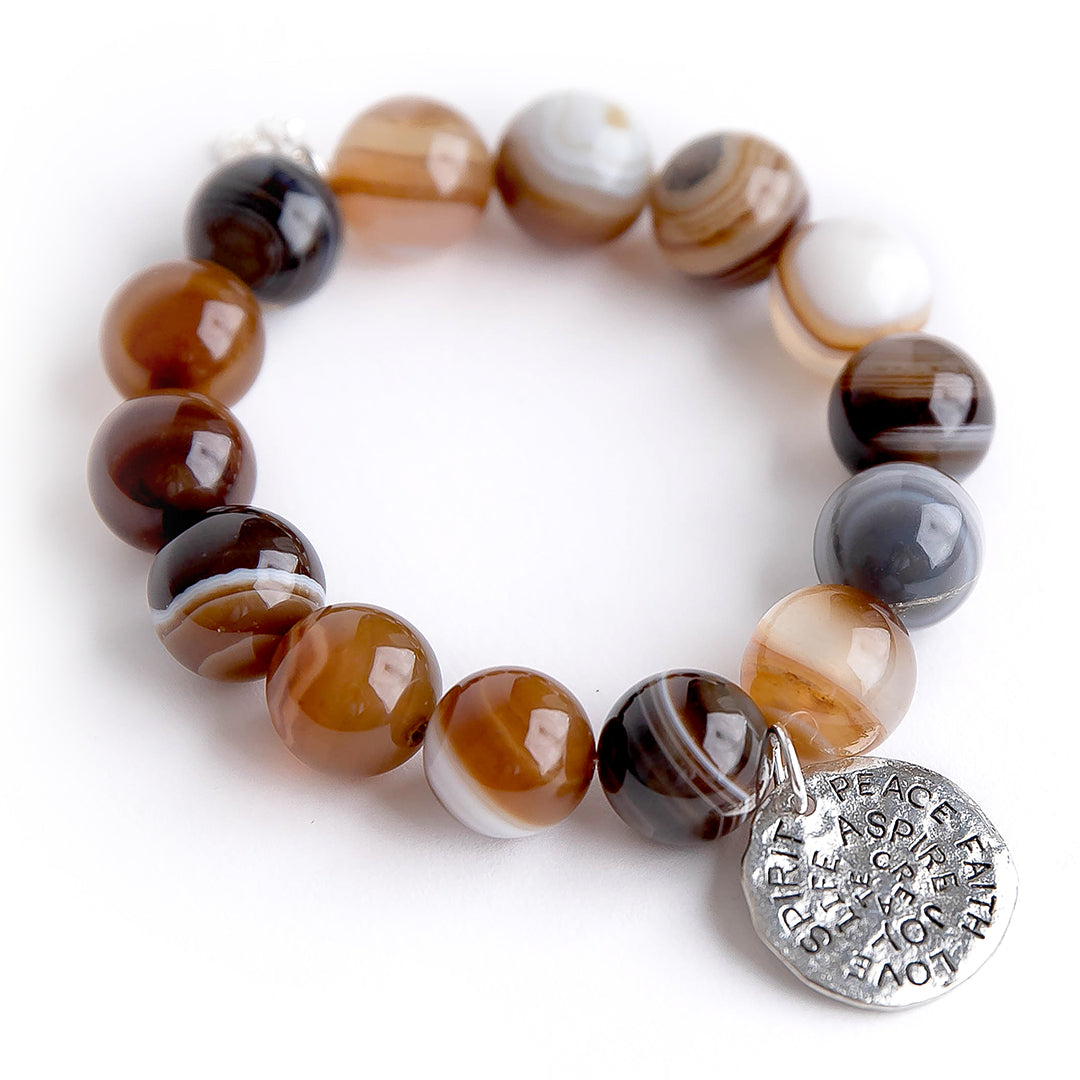 PowerBeads by jen Jewelry Average 7" Brown Striped Agate paired with a silver spirit disc