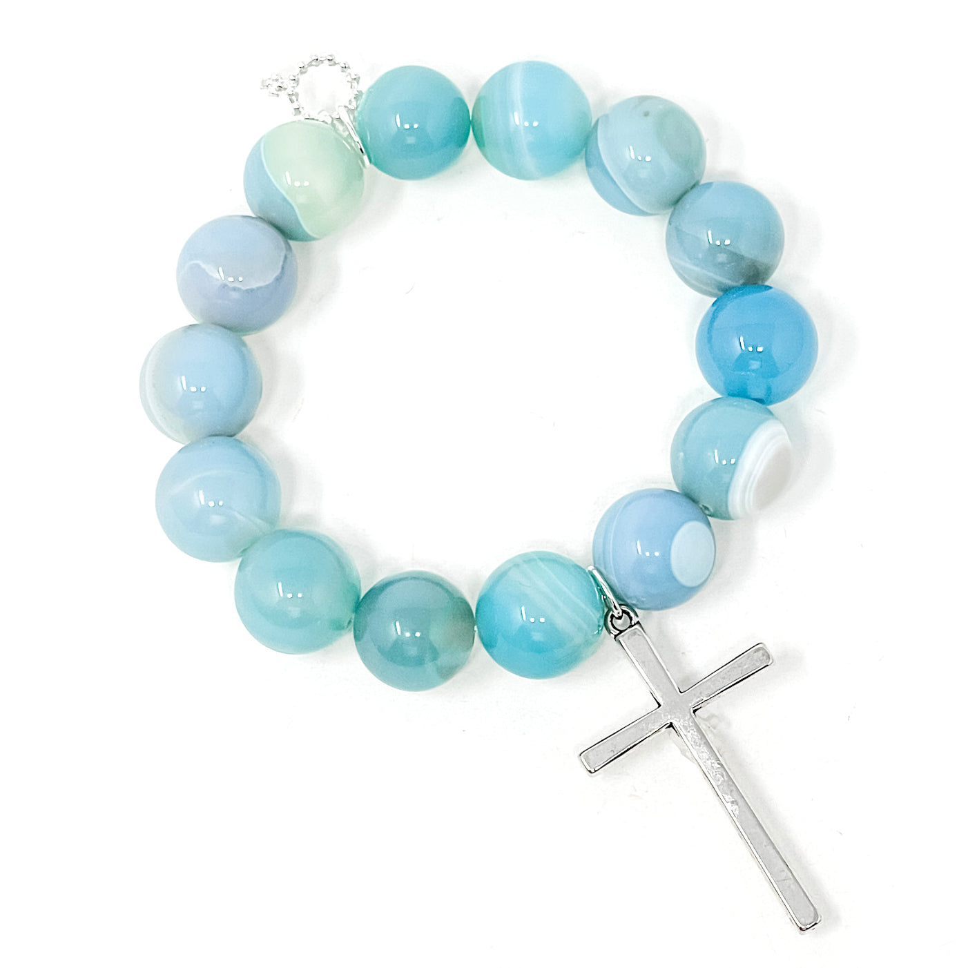 PowerBeads by jen Jewelry Average 7" Caribbean Agate with Large Silver Classic Cross