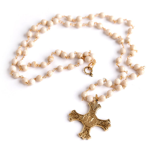 PowerBeads by jen Jewelry 34" Cream Coral Rosary Necklace with Brushed Gold Mary Cross Pendant