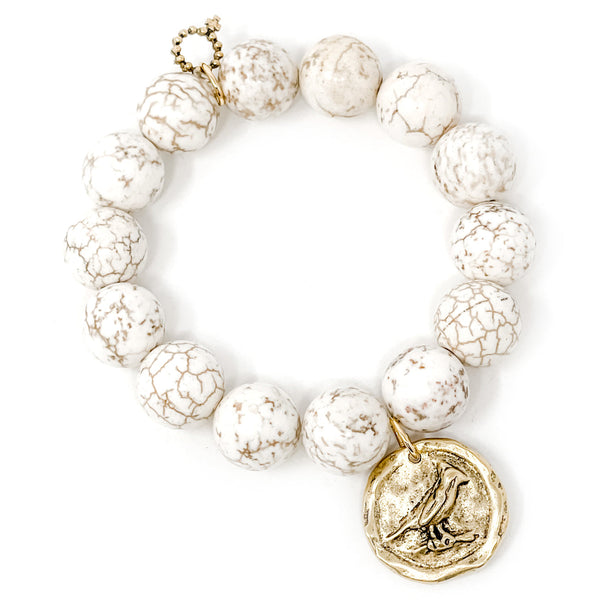 PowerBeads by jen Jewelry Average 7" Creamy White Howlite with Gold Artisan Cardinal