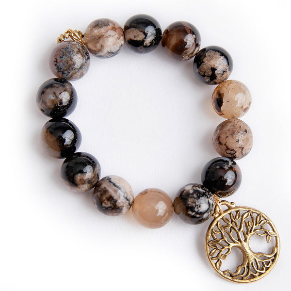 PowerBeads by jen Jewelry Average 7" Espresso agate paired with a large brass open tree of life