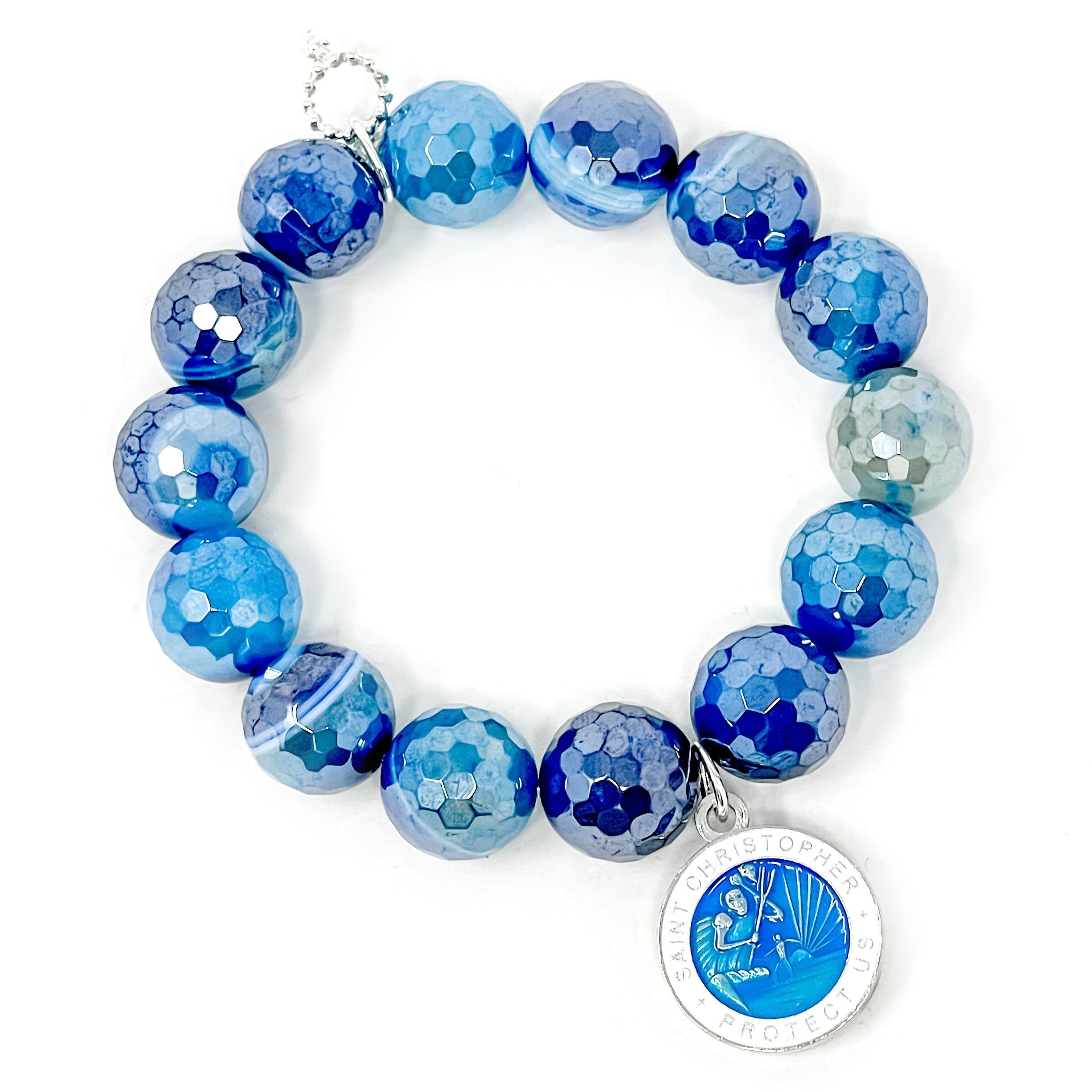 PowerBeads by jen Jewelry Average 7" Faceted Iridescent Blue Stripe Agate with Blue Enameled St. Christopher