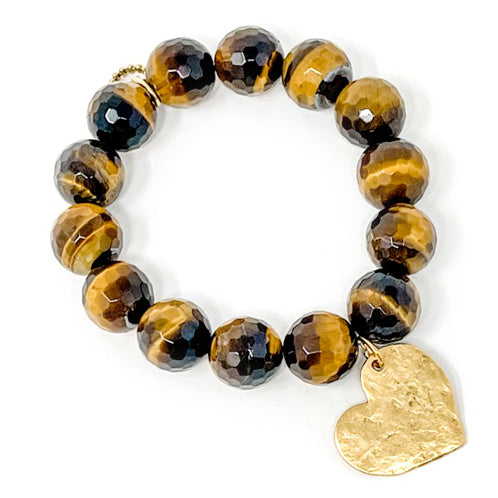 PowerBeads by jen Jewelry Average 7" Faceted Tiger Eye with Gold Hammered Heart