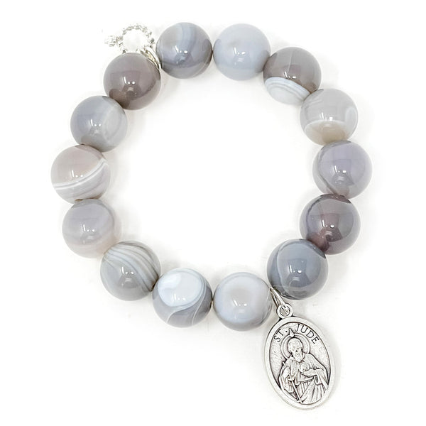 PowerBeads by jen Jewelry Average 7" Grey Swirl Agate with Saint Jude-Patron Saint of Desperate Causes