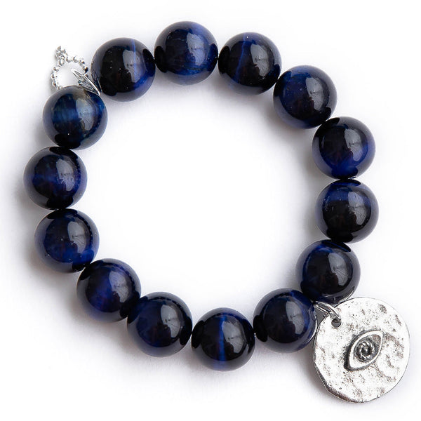 PowerBeads by jen Jewelry Average 7" Midnight blue tiger eye with silver hammered evil eye