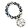 PowerBeads by jen Jewelry Average 7" Midnight Slate Agate with Large Silver Floral Peace Sign