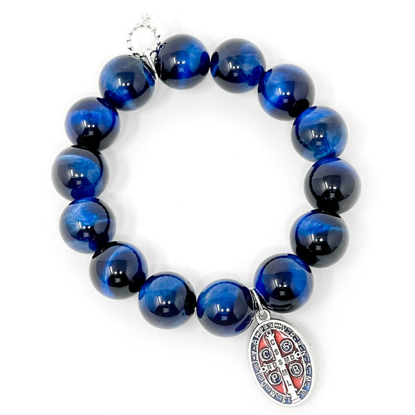 PowerBeads by jen Jewelry Average 7" Midnight Tiger Eye with Enameled St. Benedict