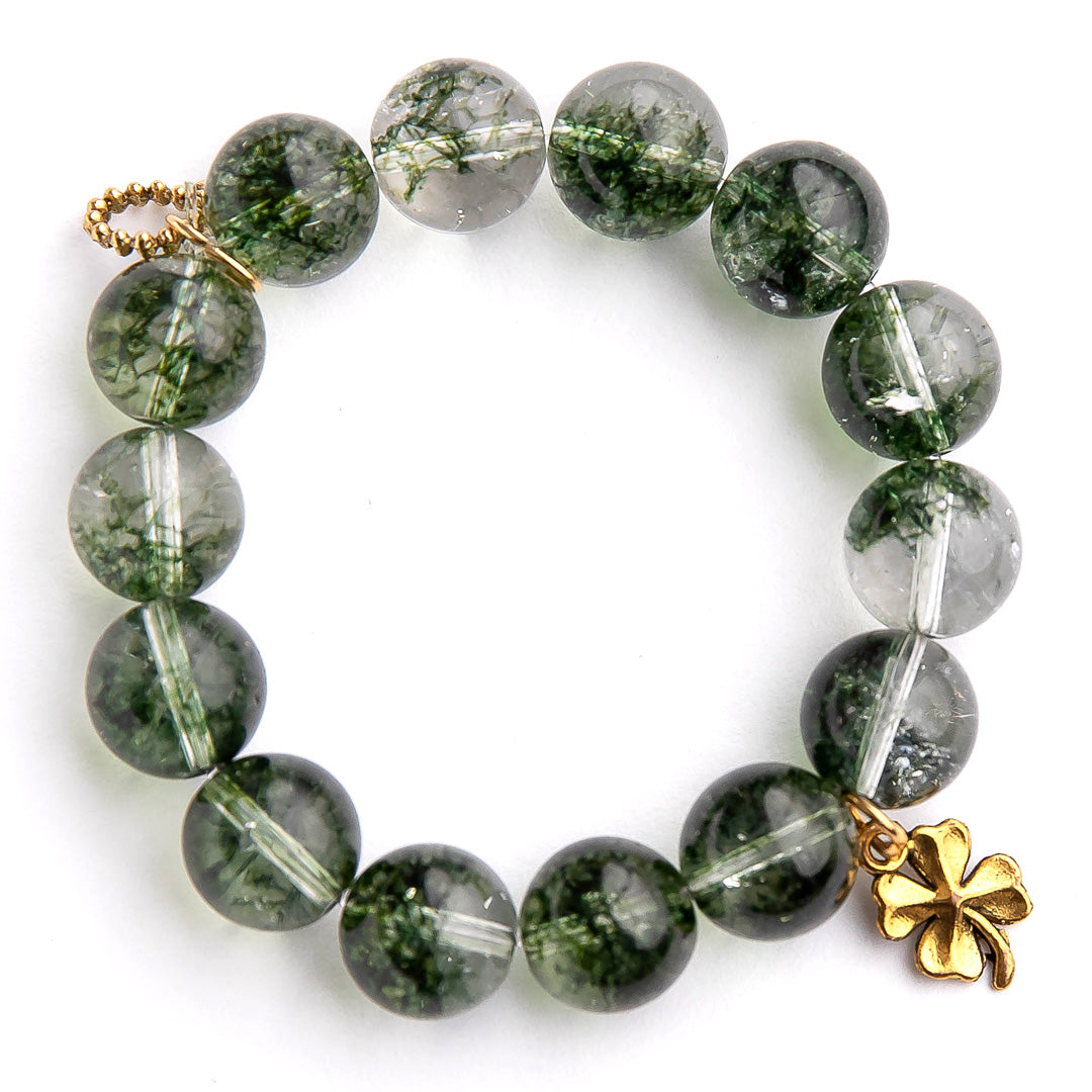 PowerBeads by jen Jewelry Average 7" Moss quartz paired with a brass 4 leaf clover