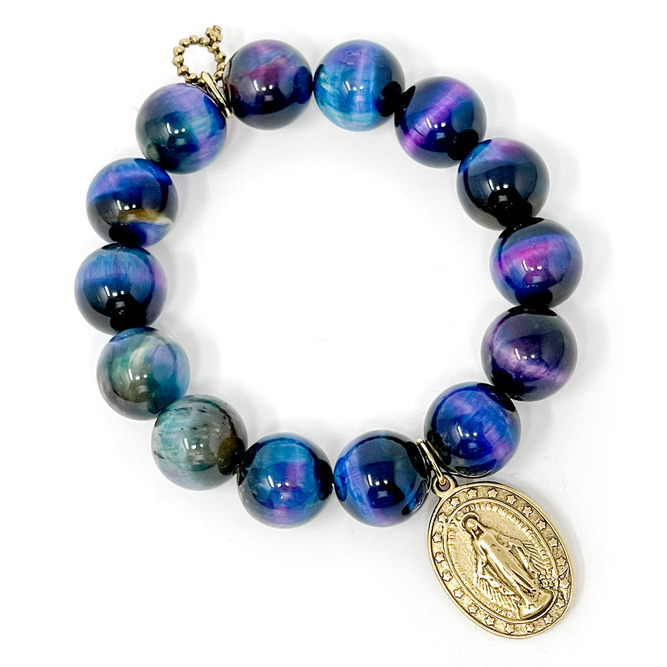 PowerBeads by jen Jewelry Average 7" Northern Lights Tiger Eye with Gold Classic Blessed Mother