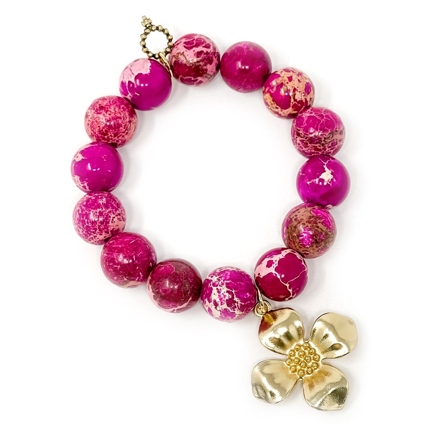 PowerBeads by jen Jewelry Average 7" Pink Sediment Jasper with Matte Gold Dogwood Flower