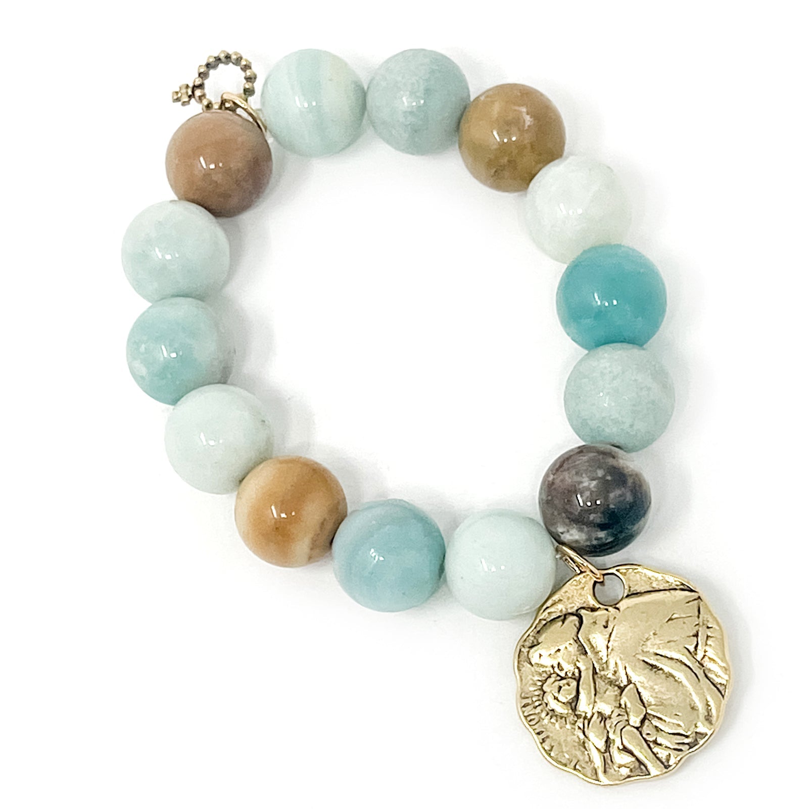 PowerBeads by jen Jewelry Average 7" Private Collection- Amazonite with Gold Scalloped St. Anthony
