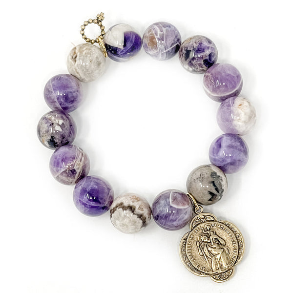 PowerBeads by jen Jewelry Average 7" Private Collection- Amethyst Agate with Gold Scalloped St. Christopher